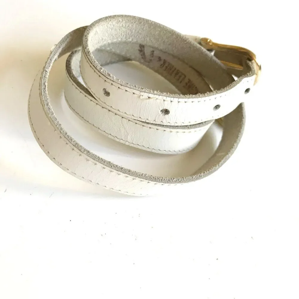 Vtg Jordache White Leather Belt Brass Horse Logo Slim Thin Womens Size XS Small